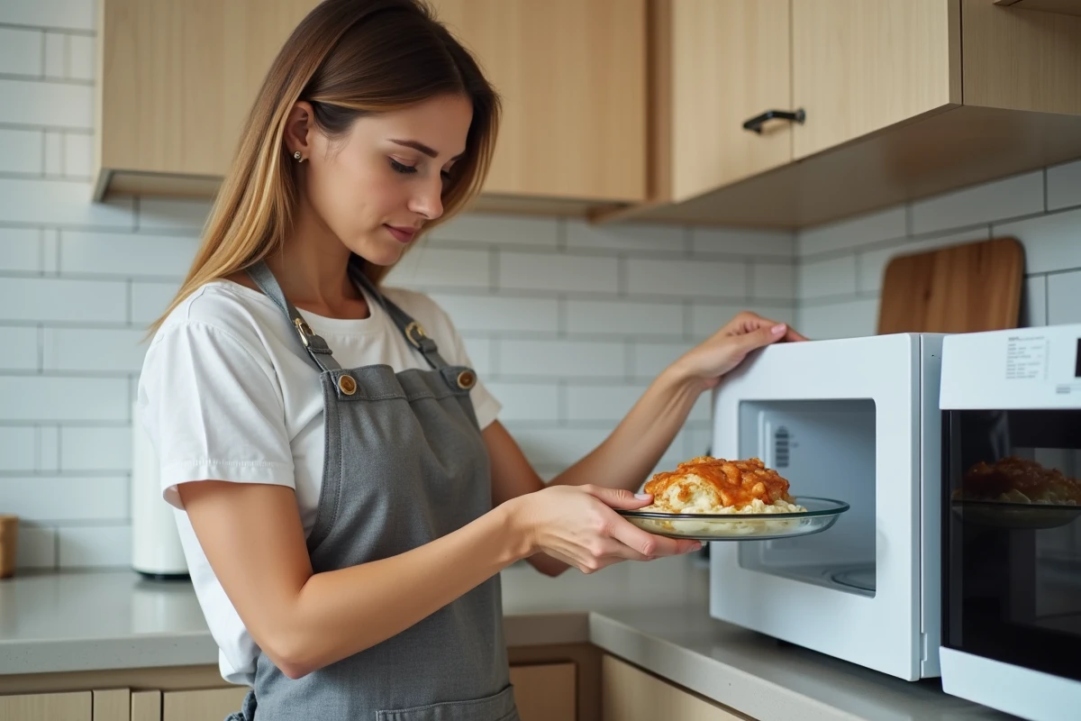 Femme plaçant un cordon bleu surgelé dans un plat adapté au micro-ondes pour une cuisson rapide et pratique