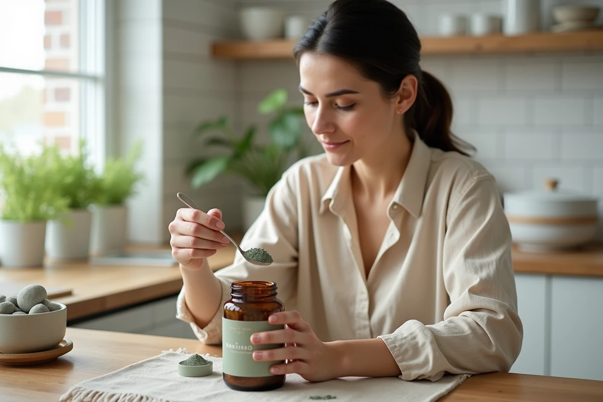 Femme préparant une dose de Phytargile concentré dans un verre d'eau dans une cuisine naturelle
