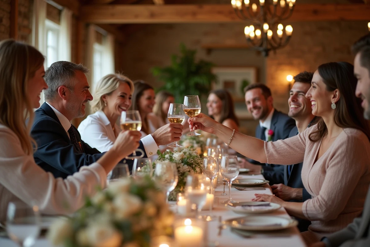 Amis et famille riant lors de la reception de mariage