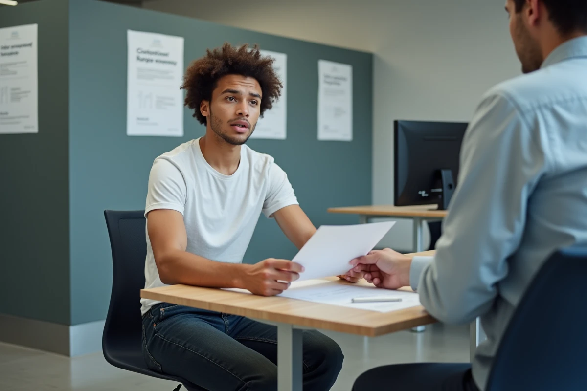 Jeune demandeur d'emploi remettant ses documents à un conseiller Pôle emploi lors d'un premier rendez-vous