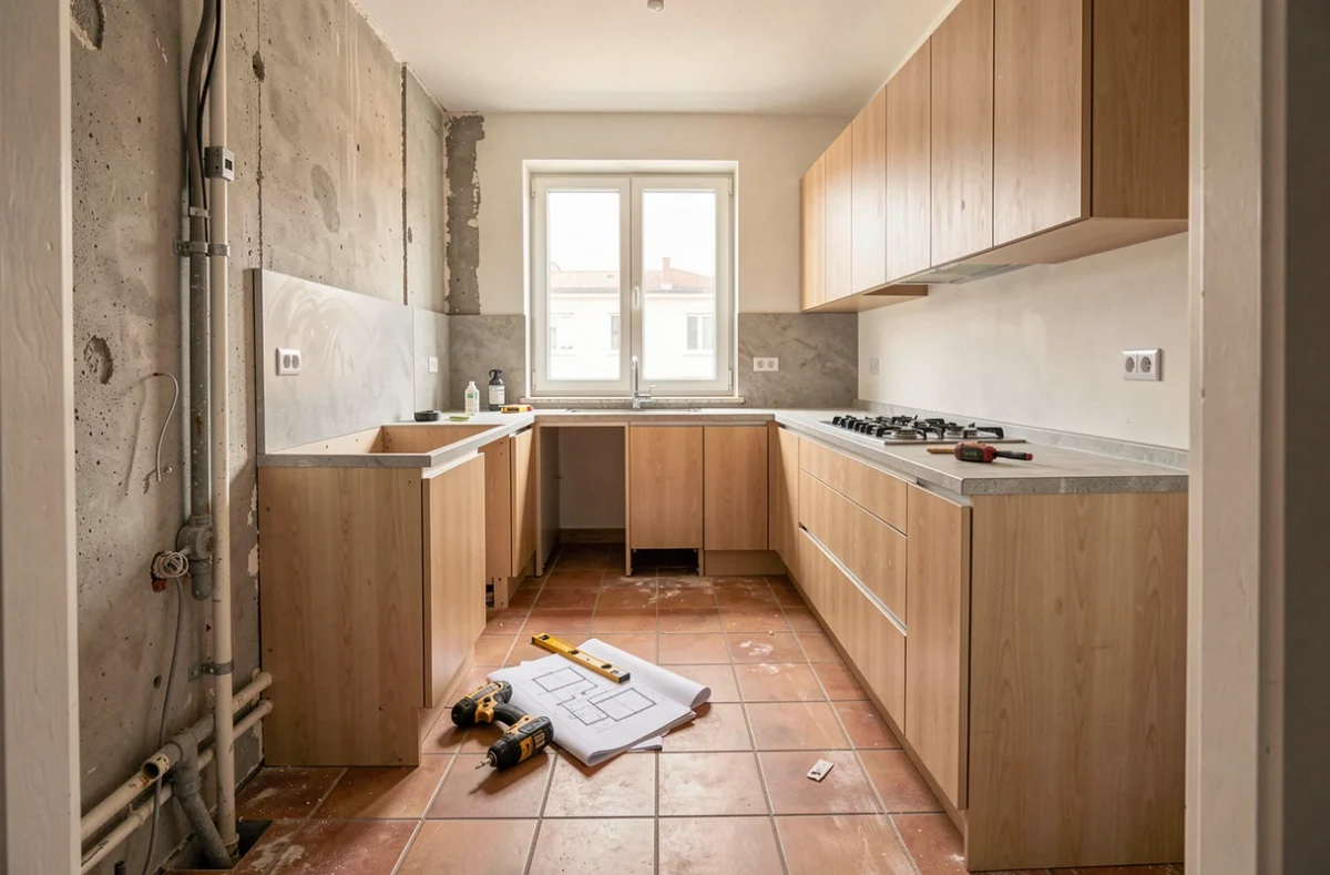 Cuisine en cours de rénovation complète avec nouveaux placards en chêne et murs à nu