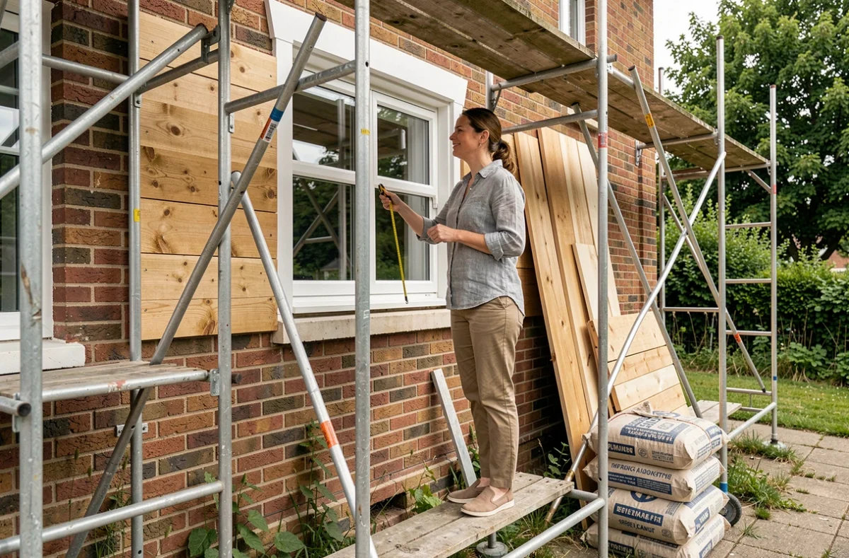 Propriétaire inspectant la façade extérieure rénovée d'une maison avec échafaudage