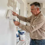 Artisan en train de peindre un mur intérieur lors de travaux de rénovation d'une maison