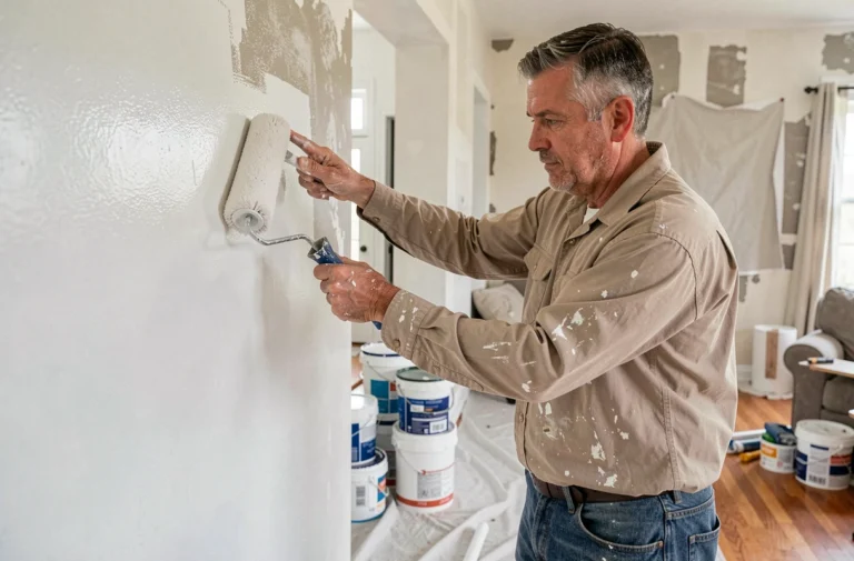 Artisan en train de peindre un mur intérieur lors de travaux de rénovation d'une maison