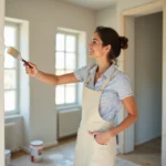 Femme peignant un mur intérieur en blanc lors de travaux de rénovation maison, tenant un pinceau large avec un tablier de lin