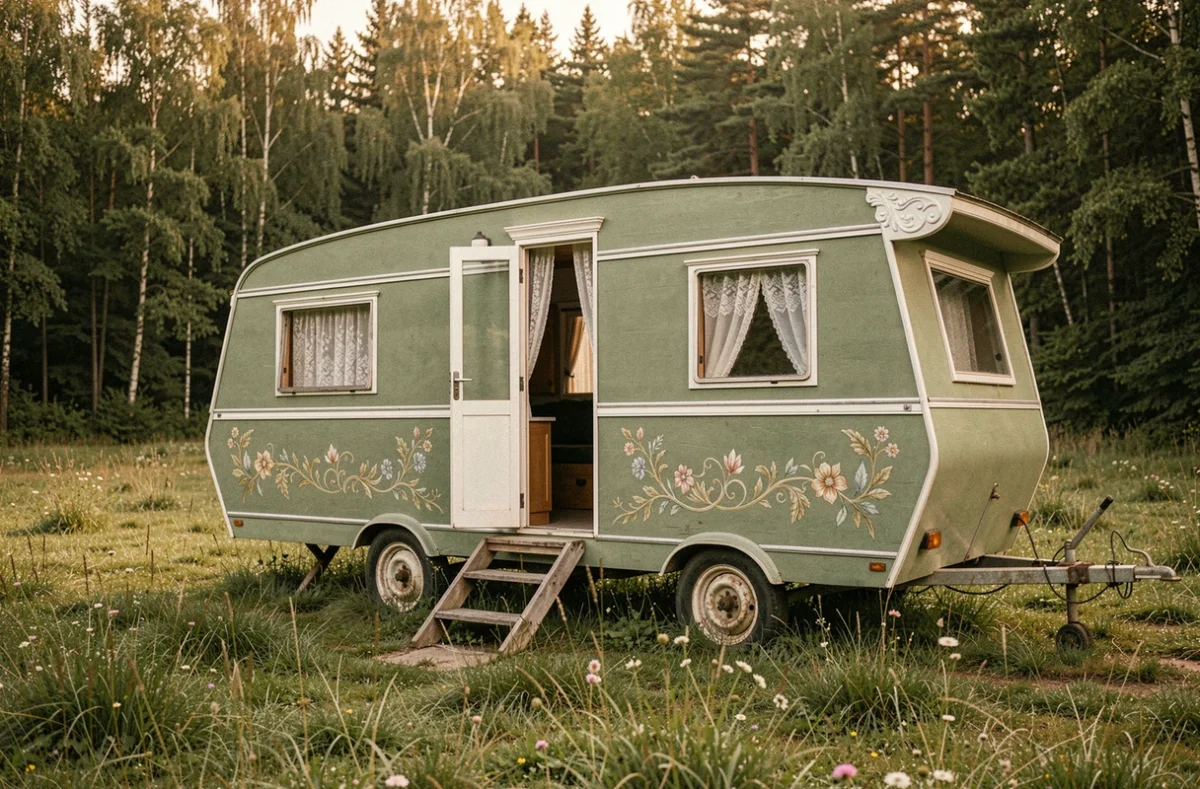 Roulotte en bois vintage peinte en vert sauge garée dans une prairie au bord d'une forêt, décorée de motifs floraux peints à la main