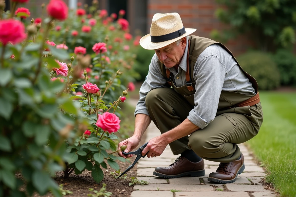 Homme taillant des rosiers dans un jardin extérieur