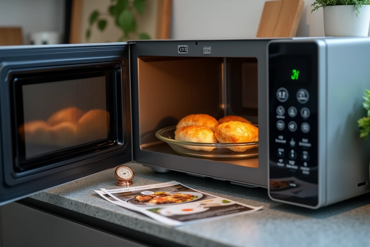 Cordons bleus en cours de cuisson dans un plat en verre au micro-ondes avec minuterie et guide de temps de cuisson posés sur le plan de travail