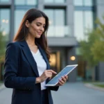 Femme professionnelle de l'immobilier tenant une tablette avec des graphiques de tendances devant un immeuble moderne en 2024