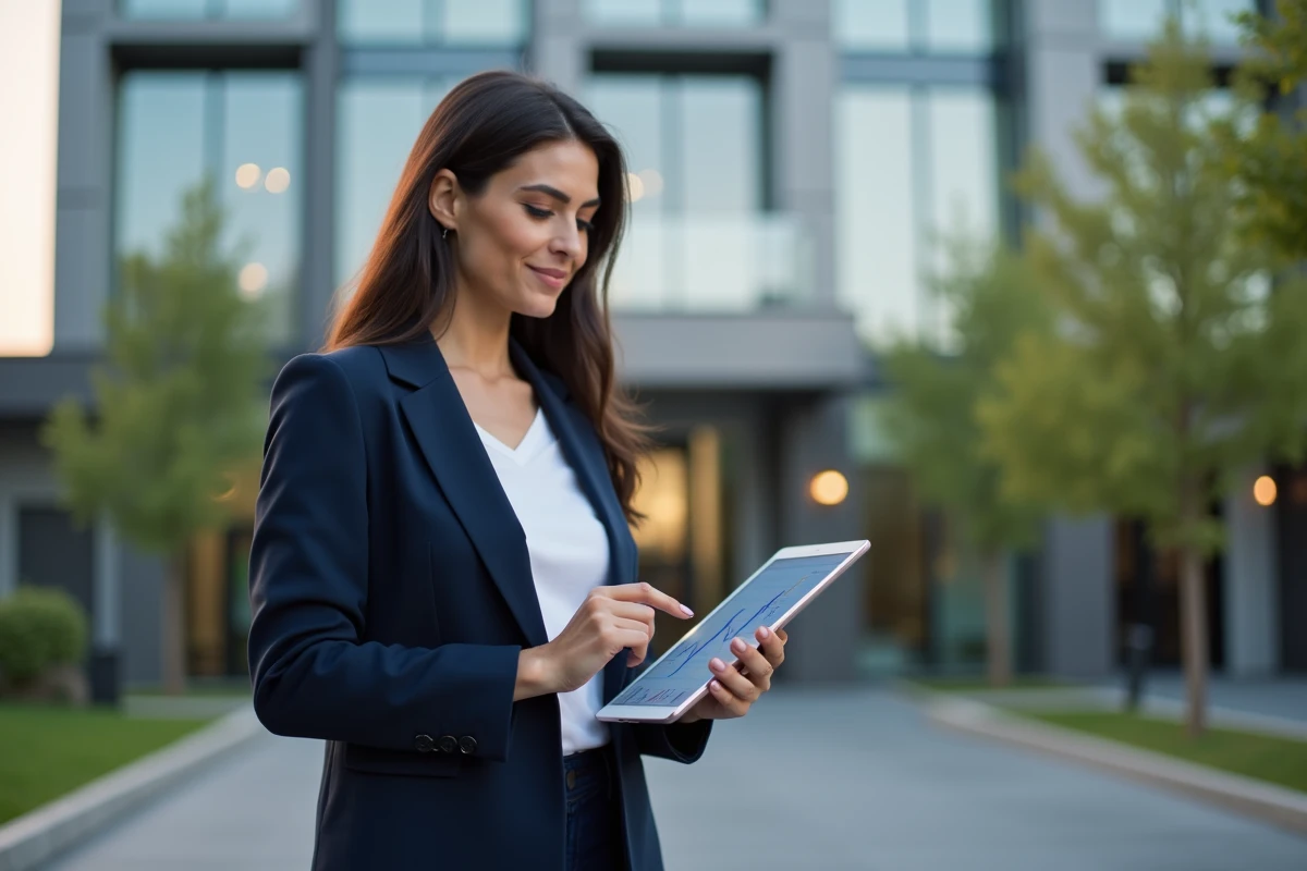 Femme professionnelle de l'immobilier tenant une tablette avec des graphiques de tendances devant un immeuble moderne en 2024